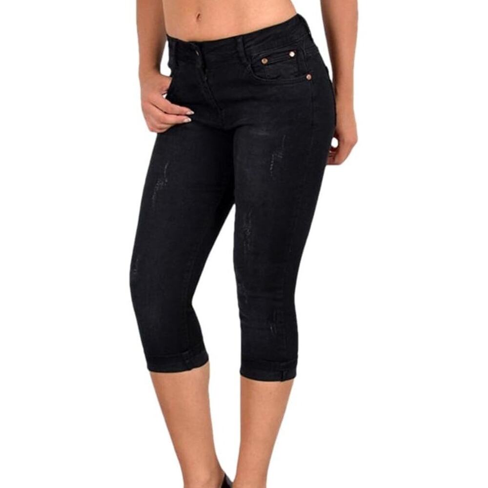NWT ~ Women's Distressed Black Knee Length Denim Jeans Slim Capri Pants ~ LARGE